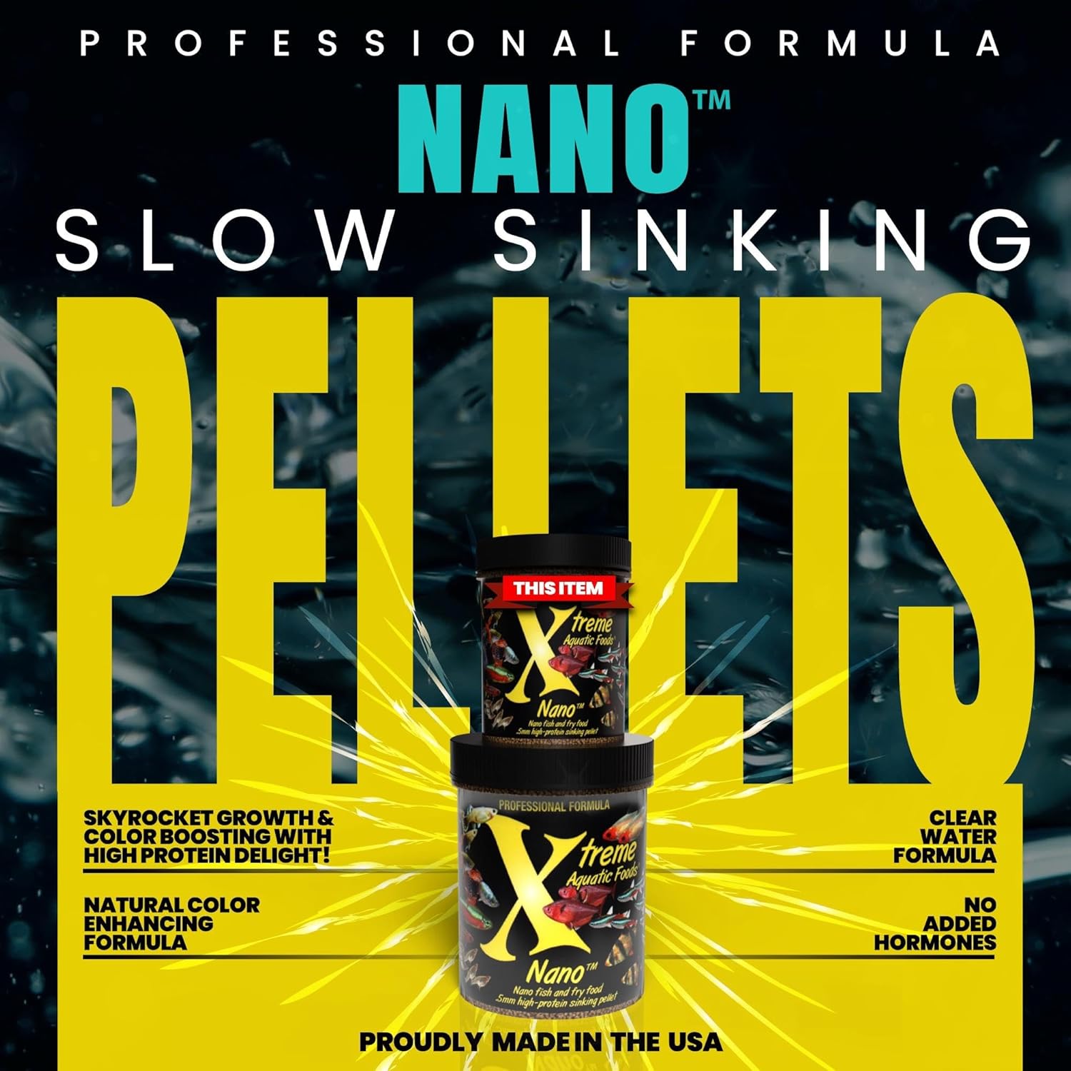 Advertisement for Xtreme Nano Slow Sinking Pellets with product packaging and text on a dark background at Pet Servo