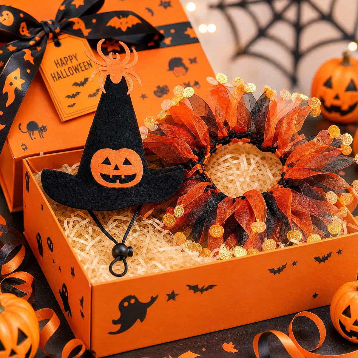 A Halloween-themed gift box filled with shredded paper, featuring a black witch hat with an orange jack-o'-lantern face and a spider topper, alongside an orange and black tulle flower wreath with gold glitter accents. The orange box is decorated with black spider and bat silhouettes and has a 'Happy Halloween' tag on the lid at Pet Servo
