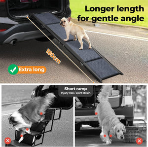 Collage showing a foldable pet car ramp with a dog standing on it. The top panel shows the ramp extended from an open car trunk on pavement, with text reading 'Longer length for gentle angle' and '1800mm' at Pet Servo