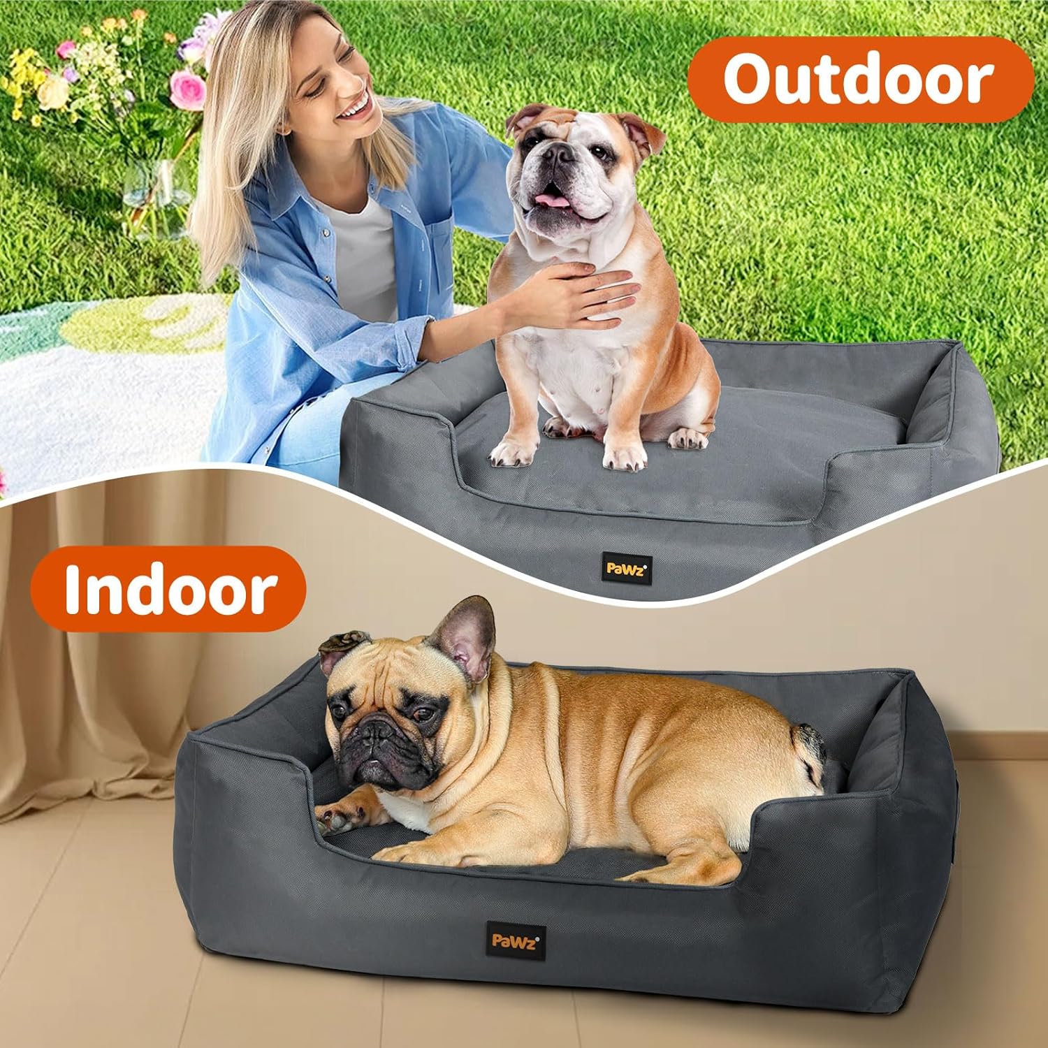 Dog lying on a gray pet bed with 'Indoor' label, and another dog on a similar bed with 'Outdoor' label at Pet Servo