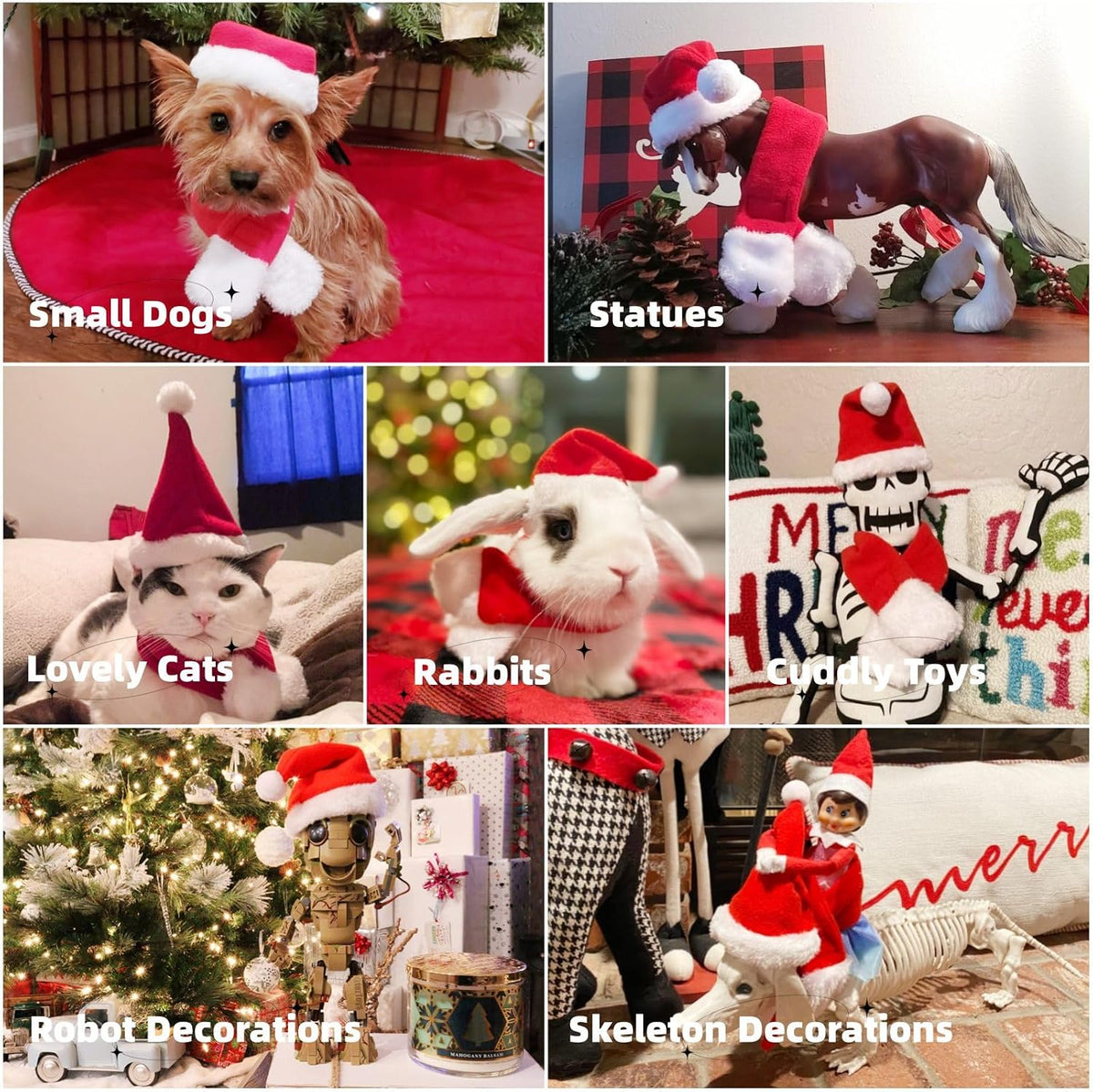 Collage of small dogs, statues, cats, rabbits, cuddly toys, robot decorations, and skeleton decorations wearing Santa hats at Pet Servo