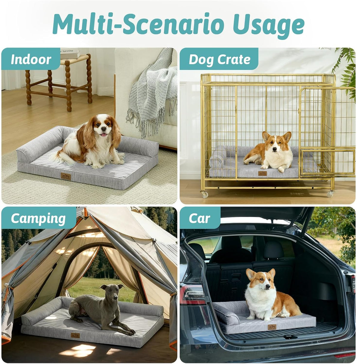 A 2x2 collage showing a gray pet bed with a dog in four usage scenarios: Indoor, Dog Crate, Camping, and Car. The top header reads 'Multi-Scenario Usage at Pet Servo