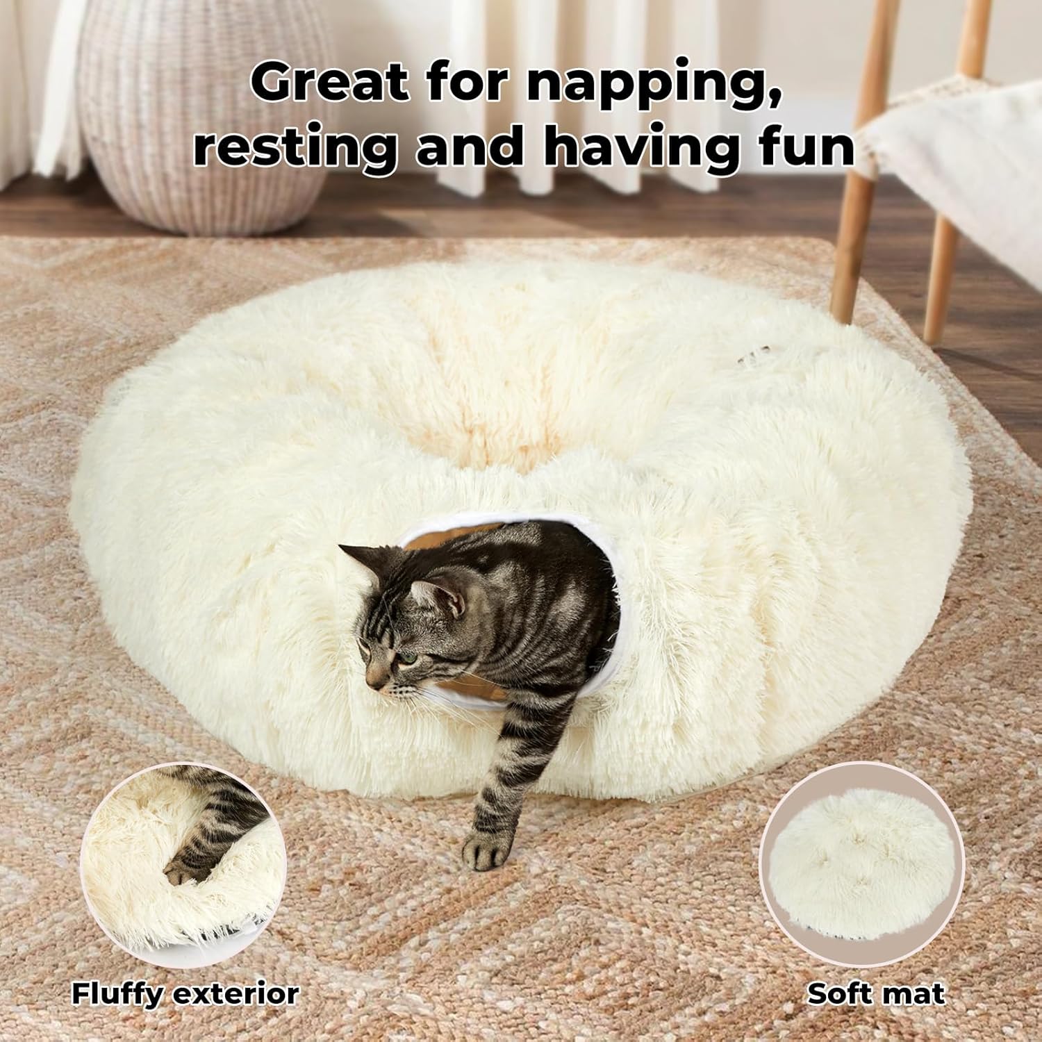 PaWz - Large Cat Tunnel Bed with Central Soft Mat, Fluffy Cat Cave Donut Tunnel at Pet Servo