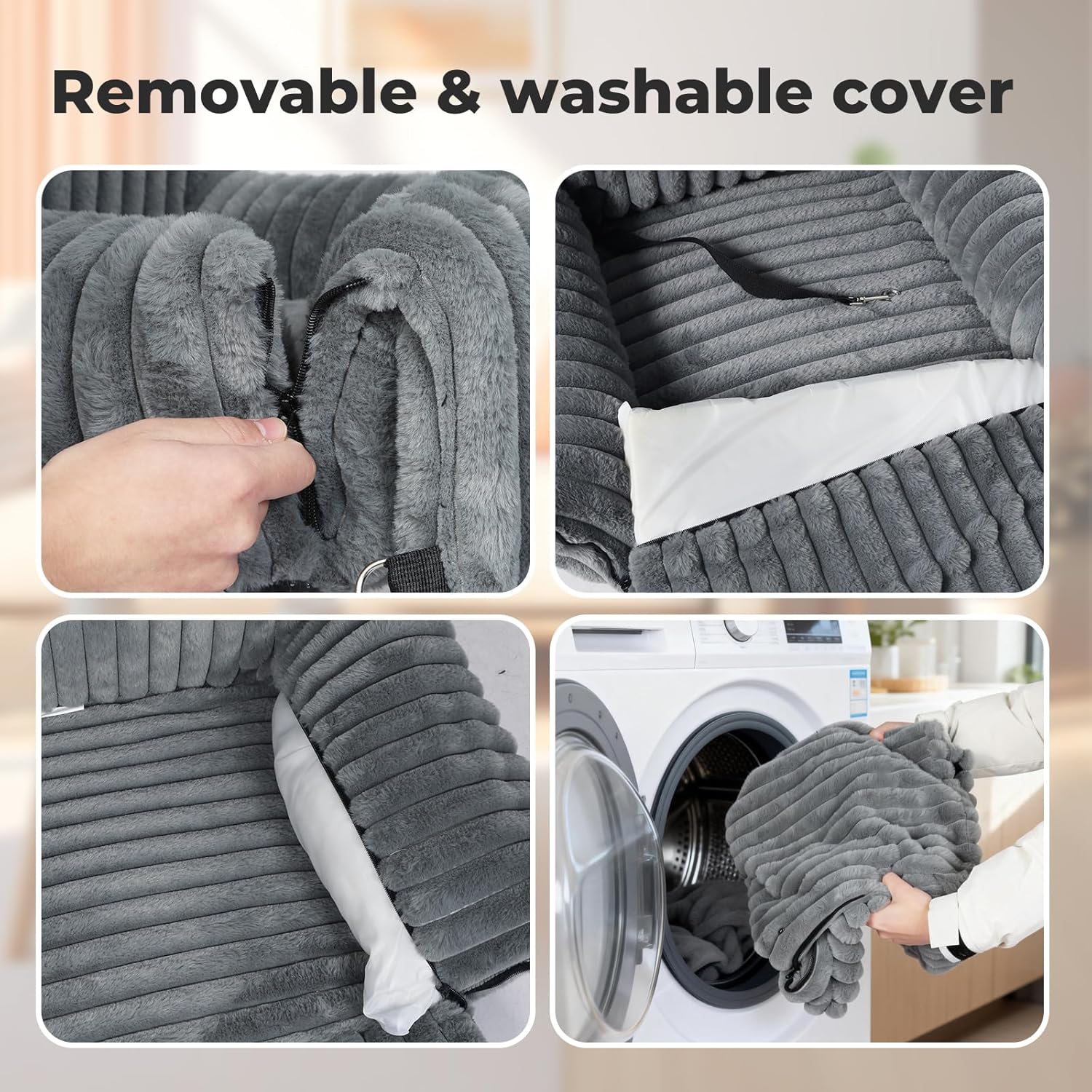 Collage of a gray cover with text 'Removable & washable cover' showing its features at Pet Servo