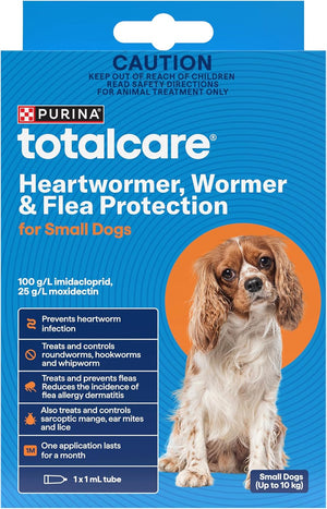 Purina Totalcare heartworm, wormer & flea protection for small dogs packaging at Pet Servo