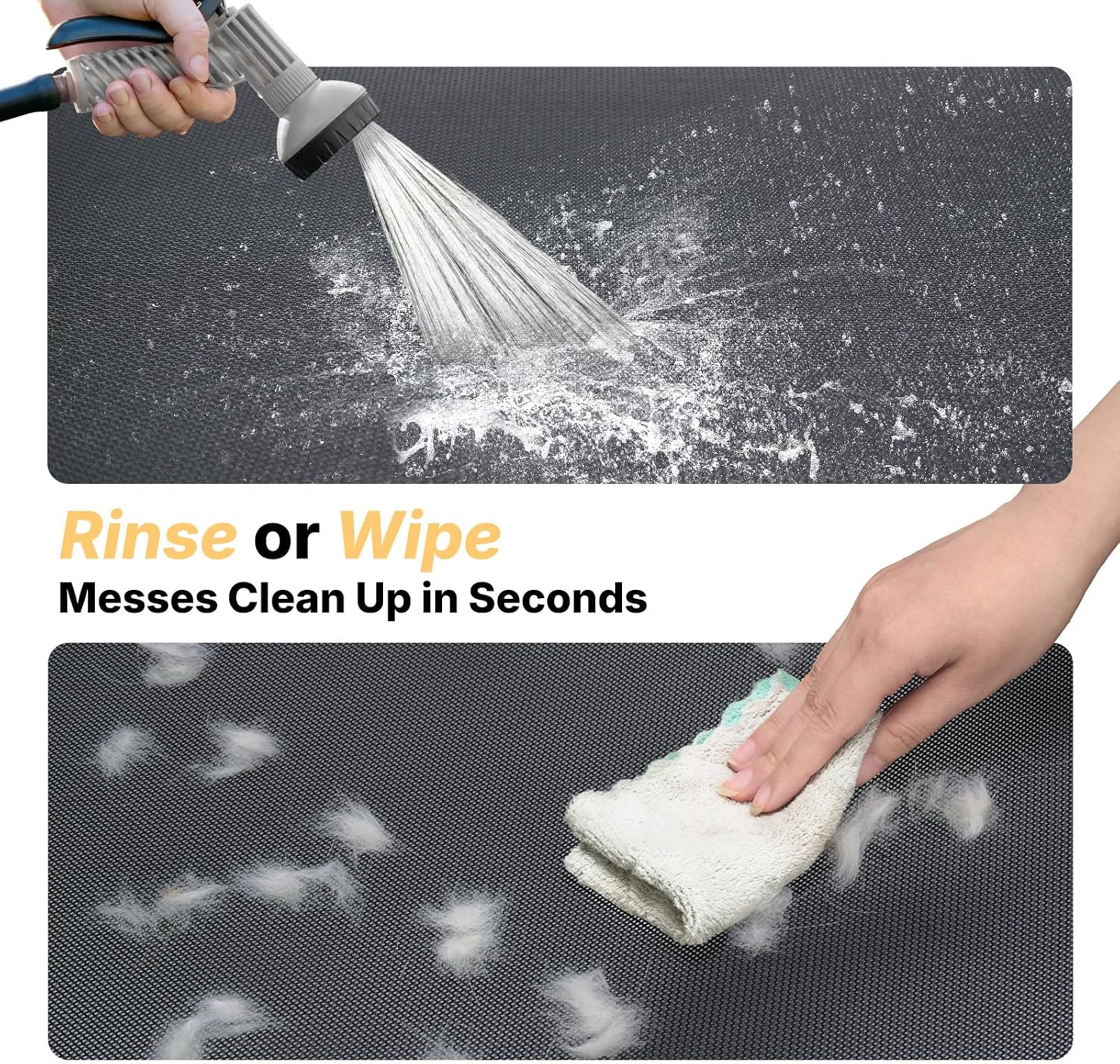 Person rinsing a mat with water and then wiping it with a cloth, with text indicating quick cleaning.