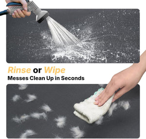 Person rinsing a mat with water and then wiping it with a cloth, with text indicating quick cleaning.