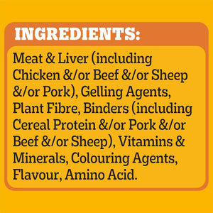 A yellow and orange graphic displaying the ingredients list for a meat and liver product, detailing components like chicken, beef, sheep, pork, gelling agents, plant fibre, binders, vitamins, minerals, colouring agents, flavour, and amino acid.