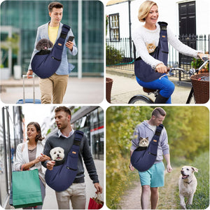 Collage of people using a blue pet sling carrier in various settings at Pet Servo
