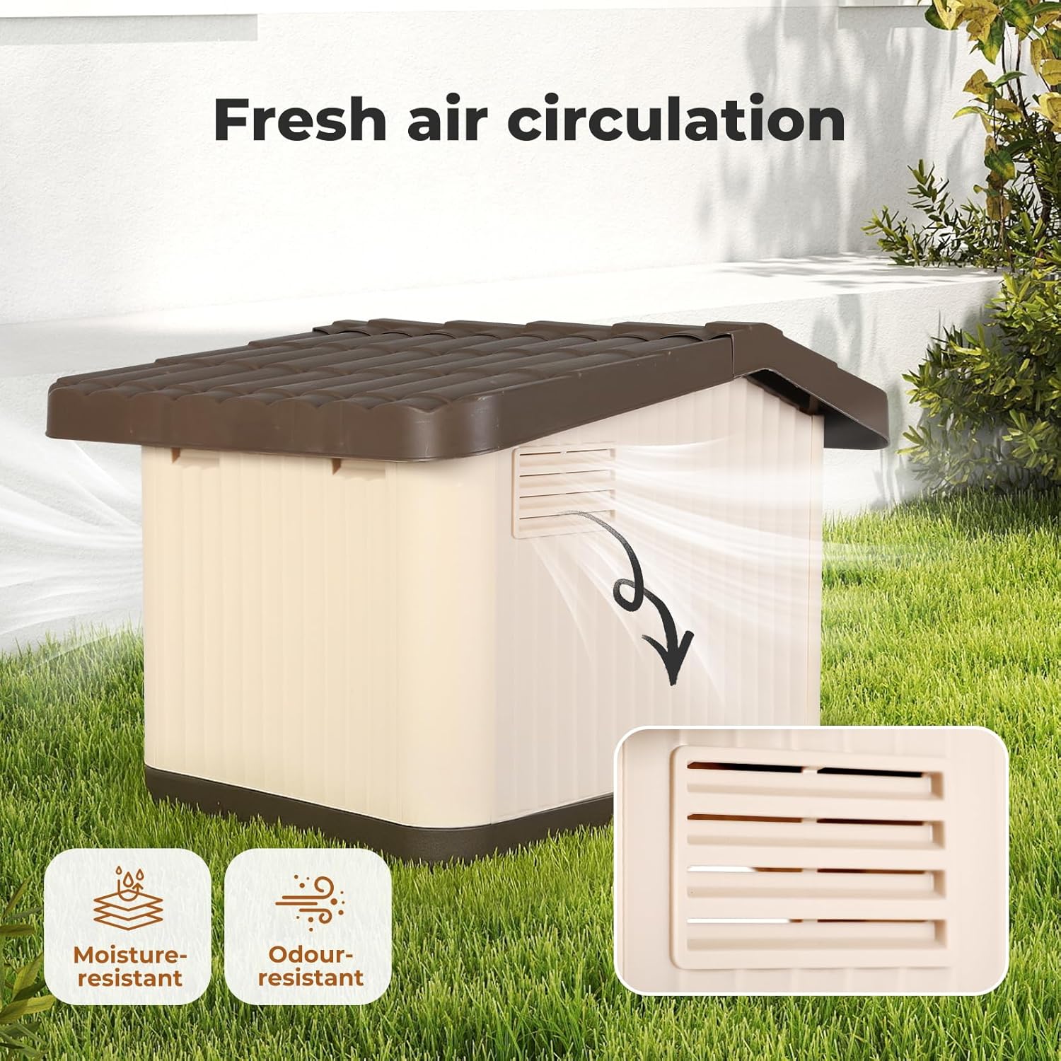 Dog house with fresh air circulation feature on grass at Pet Servo