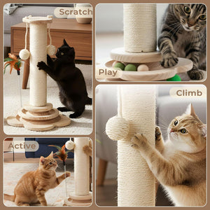 Collage of a cat climbing and interacting with a scratching post in various poses at Pet Servo