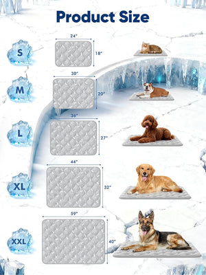 Dog mats of different sizes with a dog on each, displayed against a snowy background at Pet Servo