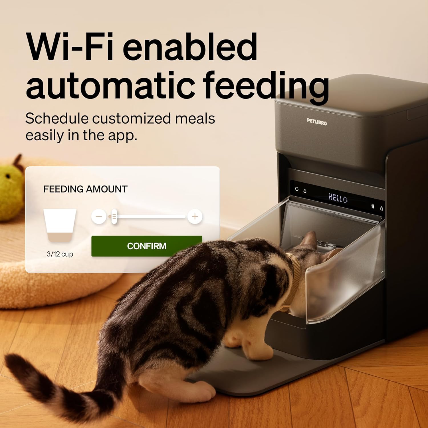 PetFeeder with a cat using it, displaying Wi-Fi enabled automatic feeding features at Pet Servo