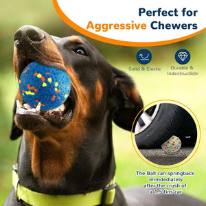 Dog chewing on a blue ball with text about durability and features at Pet Servo