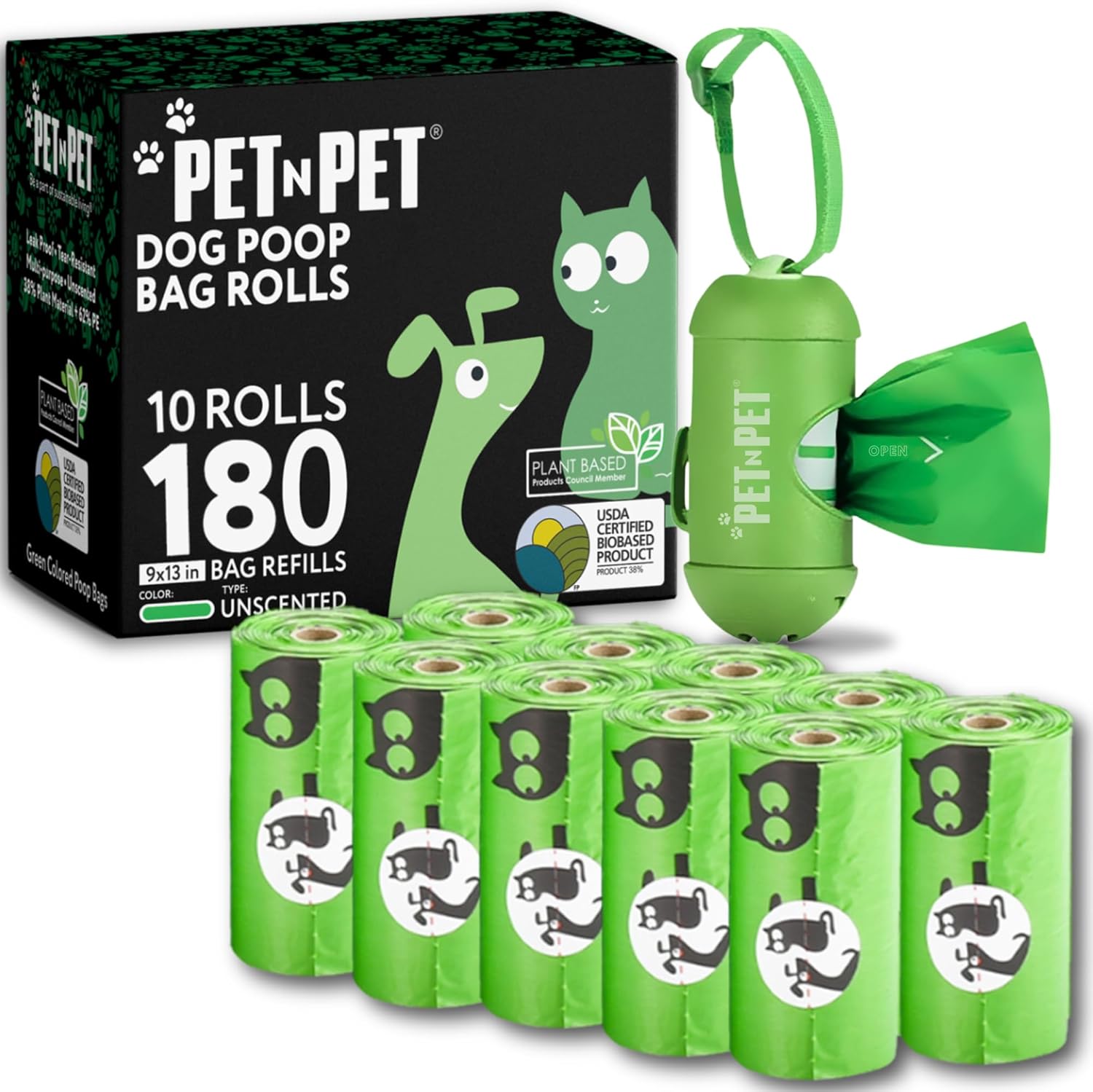 PET N PET - Dog Poop Bags with Dispenser – 180 / 360 / 720 Count, 41% Plant-Based, Extra Thick 9x13 Inch Green Unscented Waste Bags