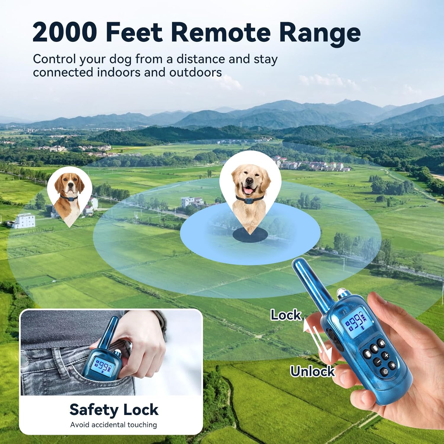 Dog remote trainer with 2000 feet remote range, control your dog from a distance, and stay connected indoors and outdoors at Pet Servo