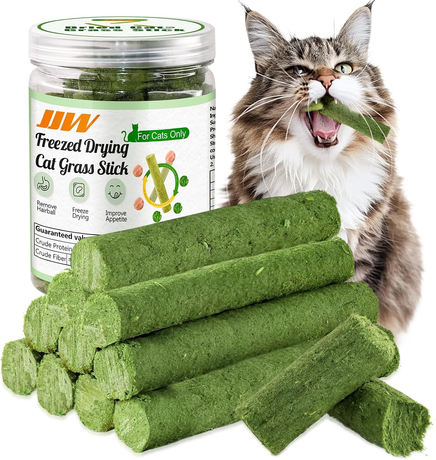 Cat grass sticks with a jar labeled 'JWW' and a cat eating one of the sticks at Pet Servo