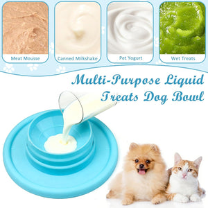 Pet bowl with liquid being poured, surrounded by images of different pet foods and two pets at Pet Servo