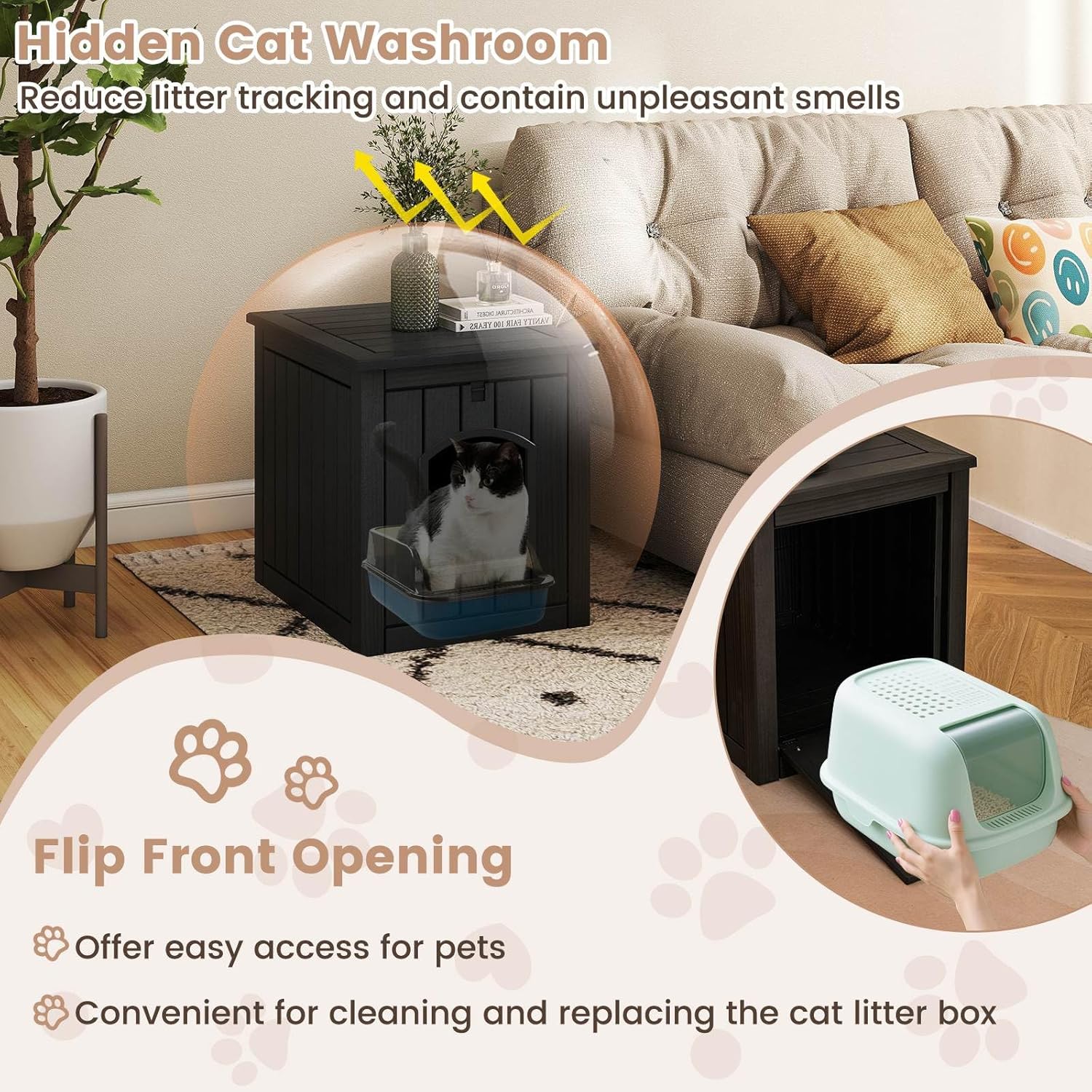 Cat litter box with flip front opening in a living room setting at Pet Servo