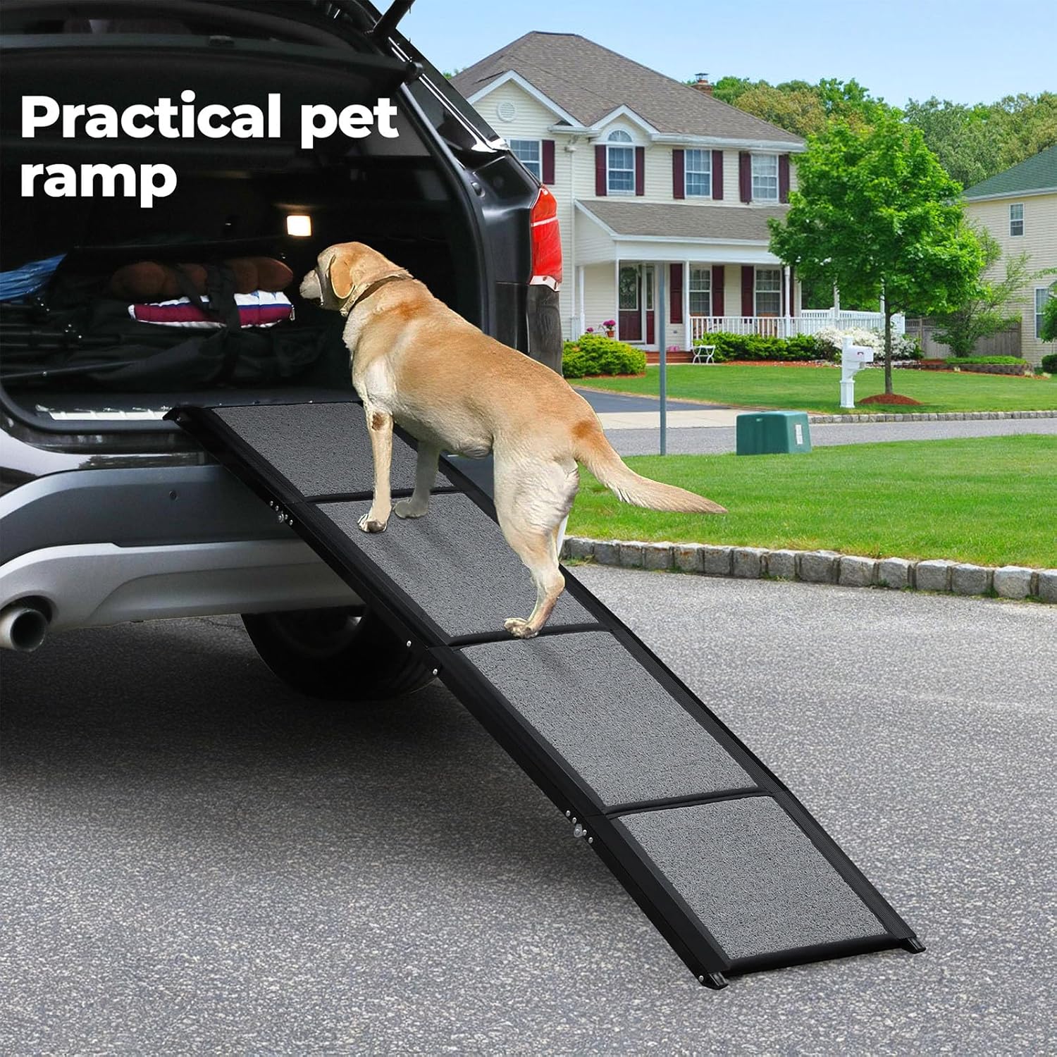 A tan Labrador retriever uses a black and gray foldable pet ramp to get into the trunk of a silver SUV on a suburban street. The text 'Practical pet ramp' is visible in the top left corner at Pet Servo