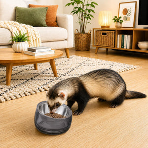 A ferret eating from a dark gray ceramic bowl in a cozy, modern living room with a wooden floor, beige sofa, and potted plants at Pet Servo