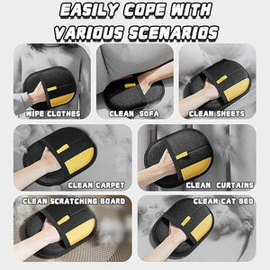 Black and yellow cleaning slippers being used for various cleaning tasks on a gray background at Pet Servo