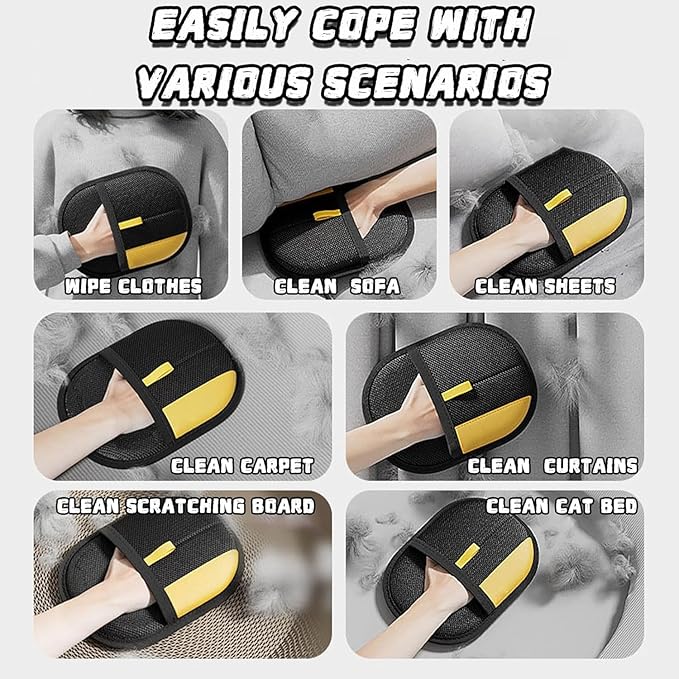 Black and yellow cleaning slippers being used for various cleaning tasks on a gray background at Pet Servo