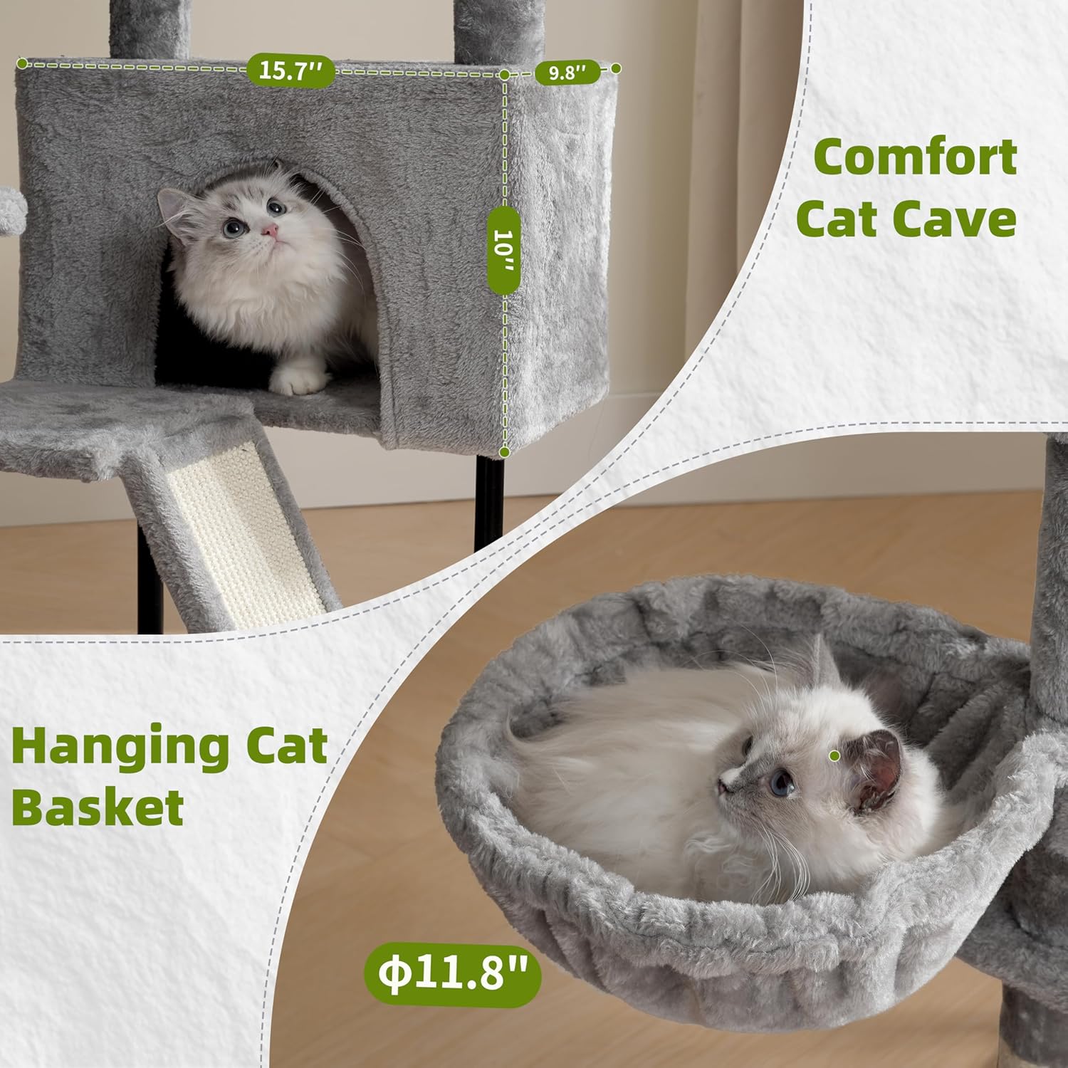 Cat tree with a cat in a hanging basket and comfort cave, labeled with dimensions at Pet Servo