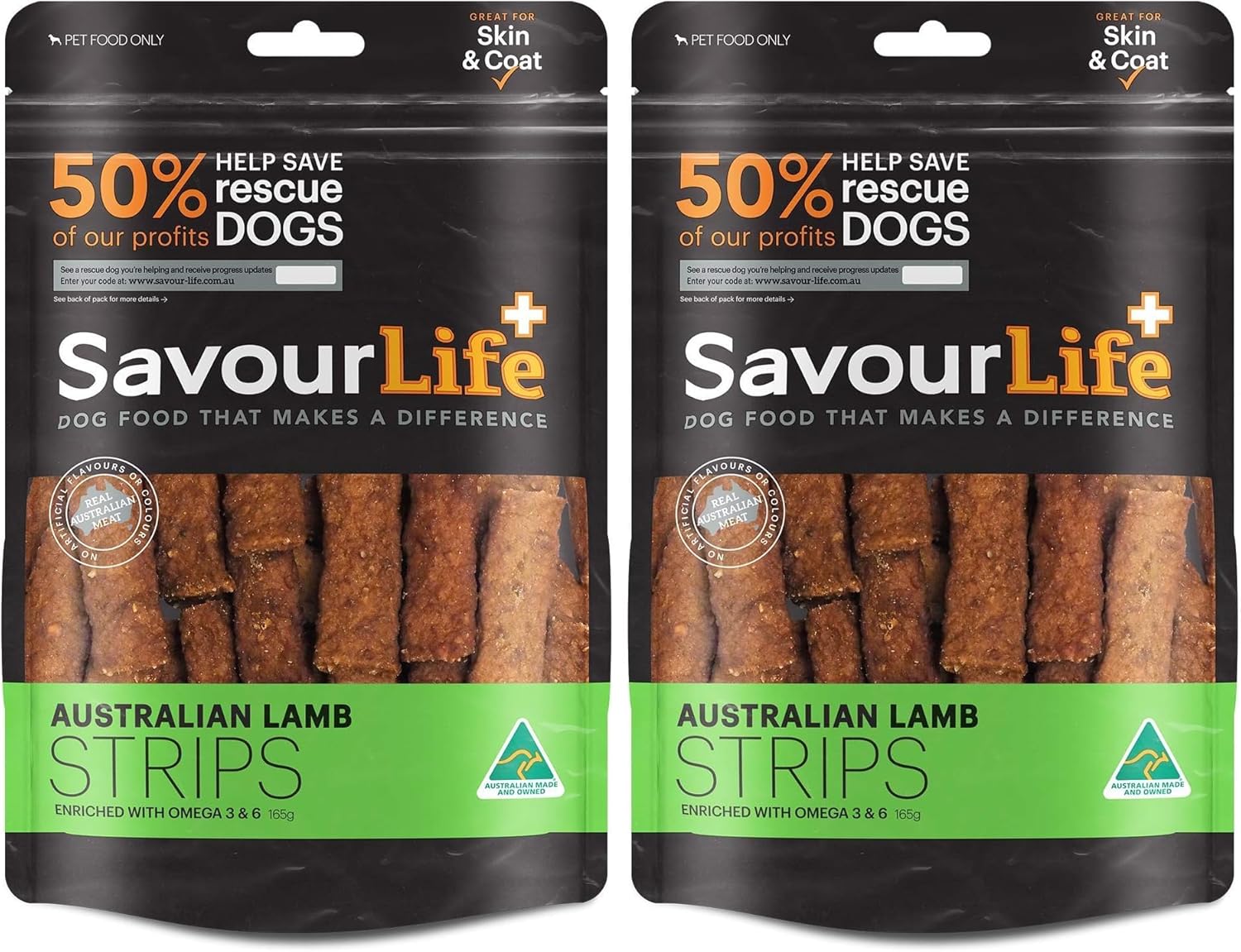 Two packages of SavourLife Australian Lamb Strips dog food on a white background at Pet Servo