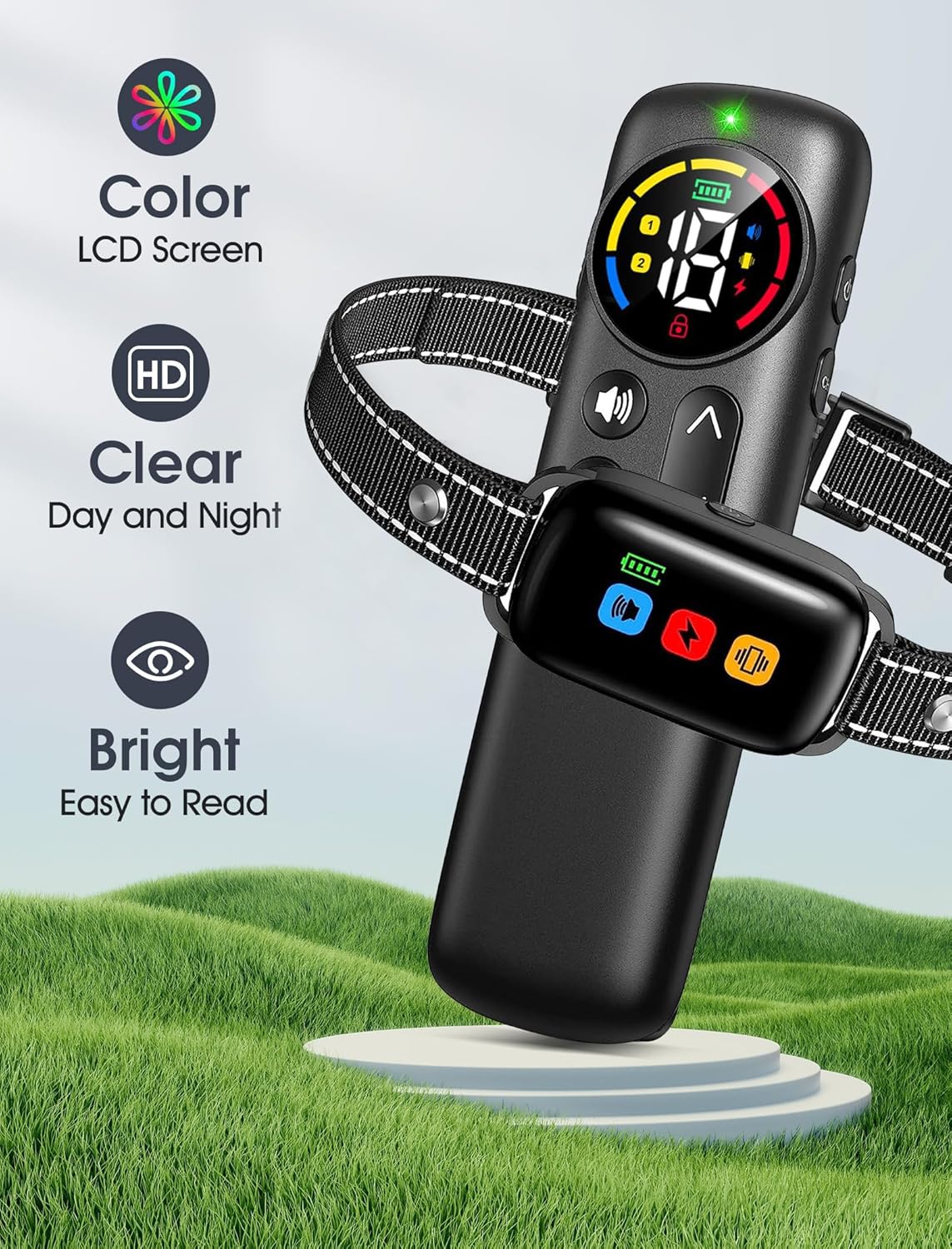 Dog training collar with color LCD screen on a grassy background at Pet Servo