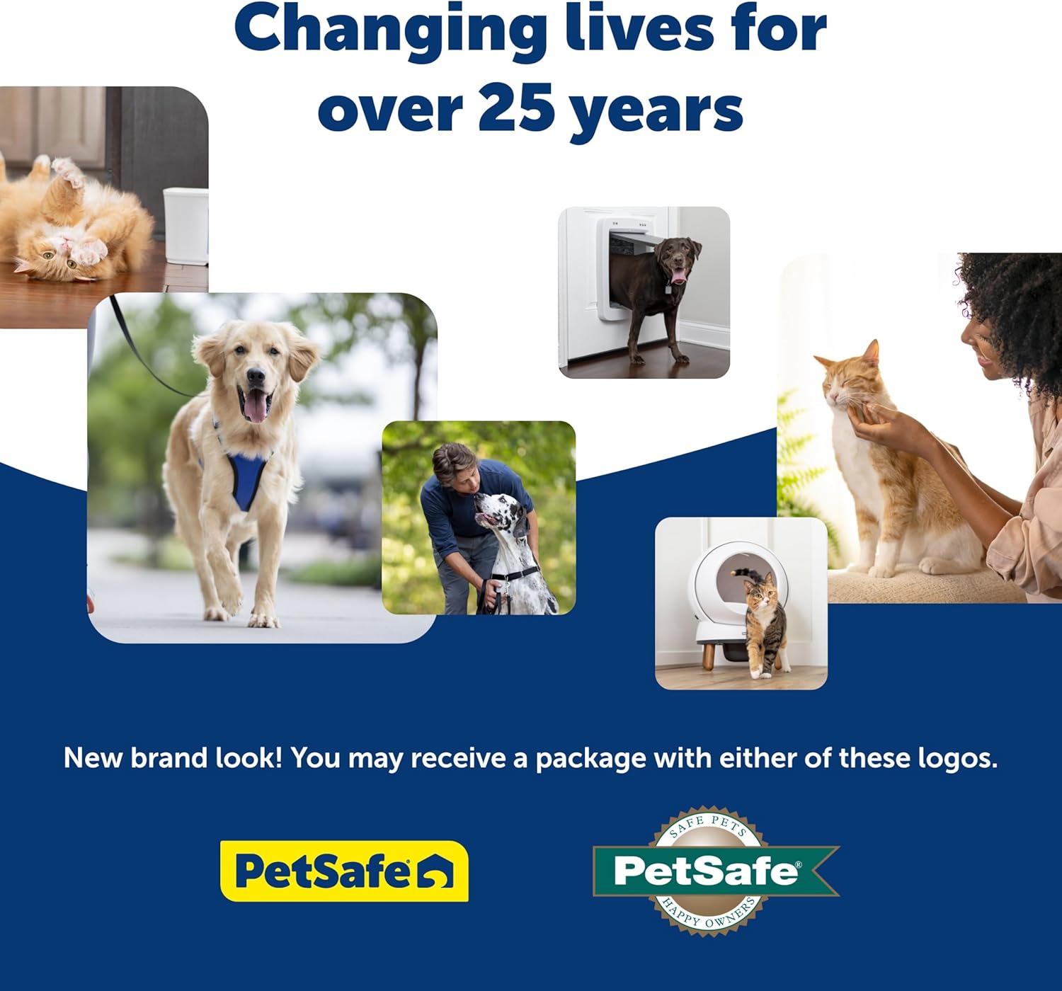 Advertisement for PetSafe with images of pets and text 'Changing lives for over 25 years' at Pet Servo