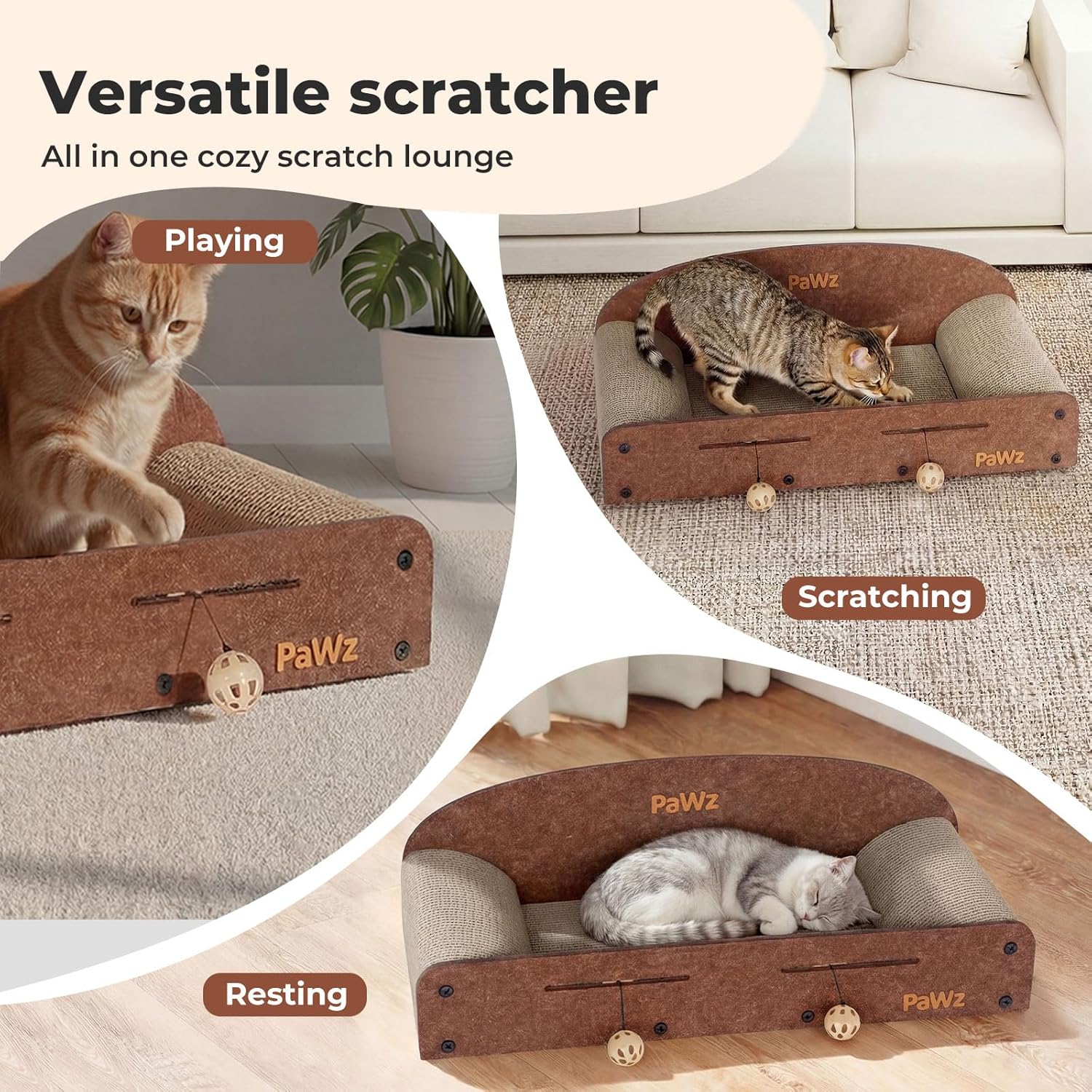 A collage showing a brown and beige cat scratcher bed in three lifestyle scenes: a cat playing with a toy on the front, a tabby cat scratching inside, and a gray cat resting inside. The image includes the text 'Versatile scratcher' and labels 'Playing', 'Scratching', and 'Resting' at Pet Servo
