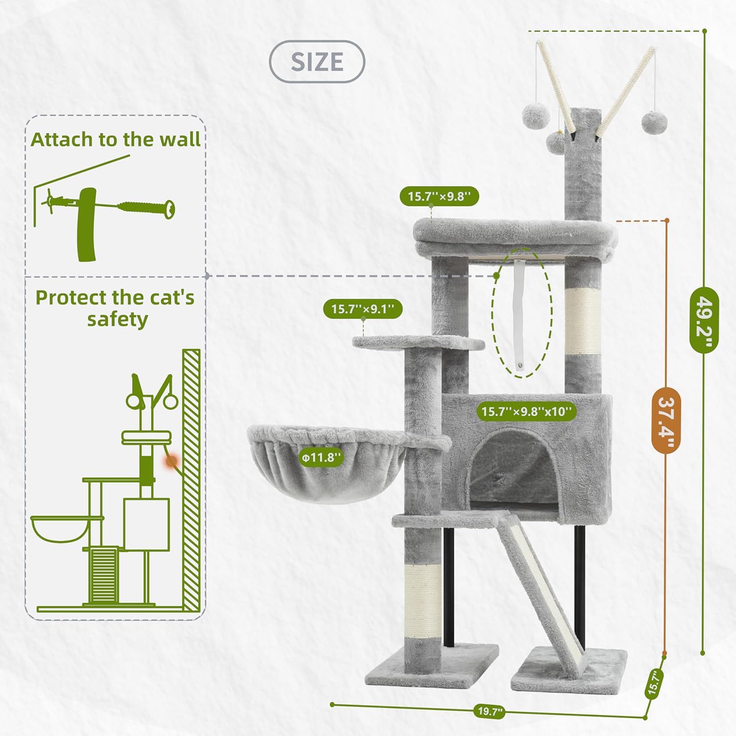 Gray cat tree with dimensions and safety features on a white background at Pet Servo