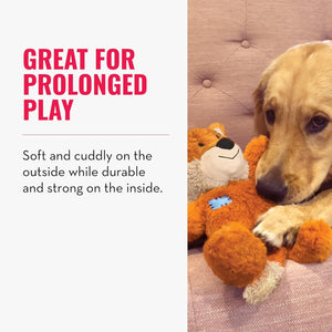 Dog playing with a teddy bear, text about prolonged play, soft and cuddly on the outside, durable on the inside at Pet Servo