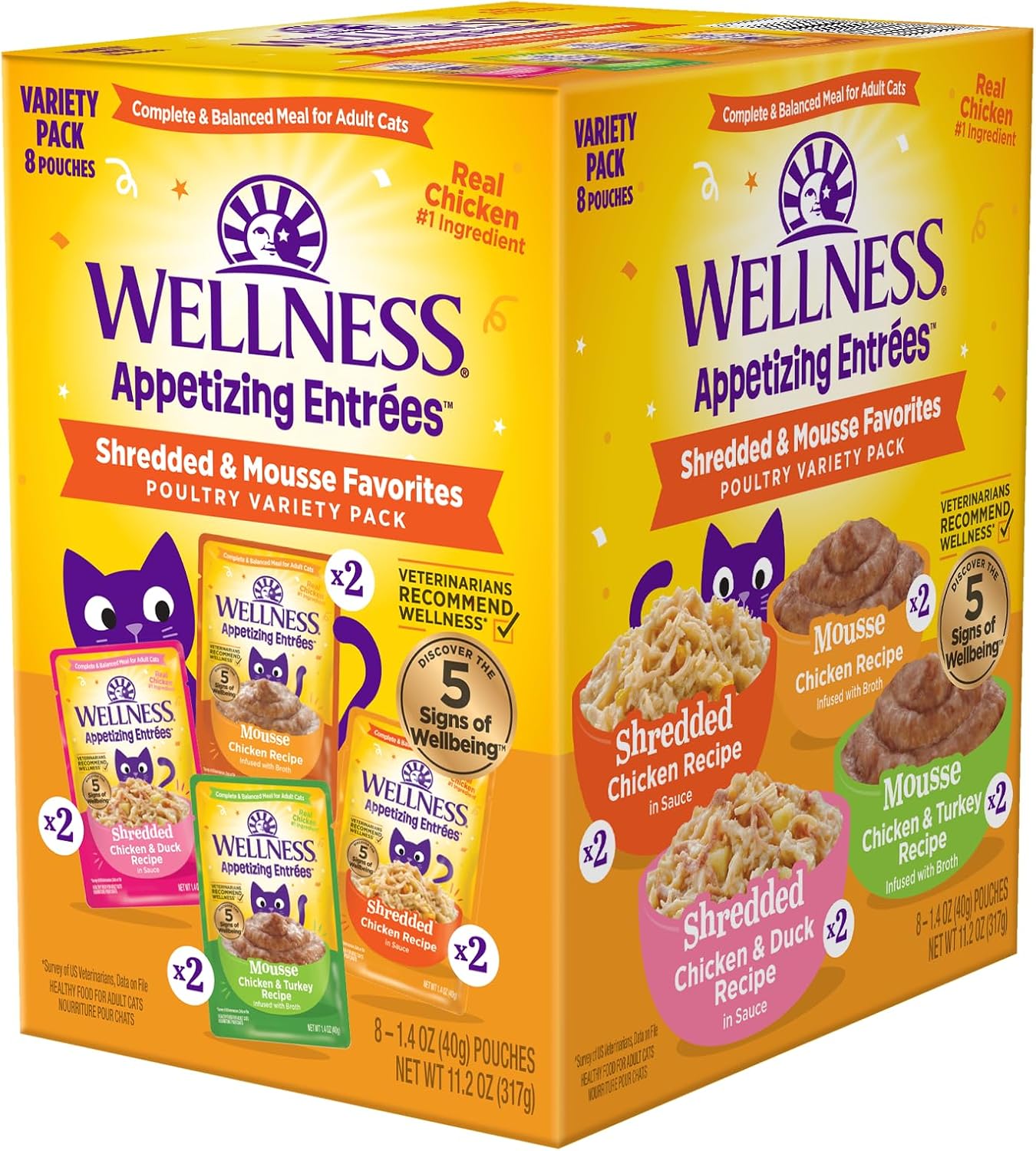 Box of Wellness Appetizing Entrées cat food with various flavors on a white background at Pet Servo