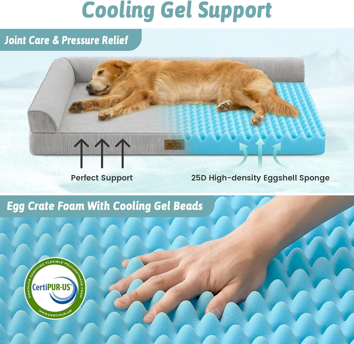 Dog lying on a cooling gel support product with text highlighting features and CertiPUR-US certification at Pet Servo