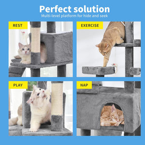 A 2x2 collage showing a gray multi-level cat tree with cats using it in different states: resting, exercising, playing, and napping. The top of the image has a blue banner with the text 'Perfect solution' and 'Multi-level platform for hide and seek at Pet Servo