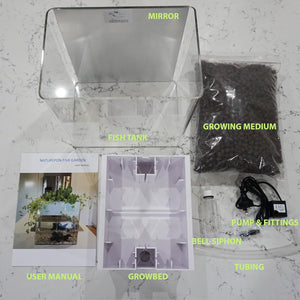 Fish tank setup kit with labeled components on a marble surface at Pet Servo