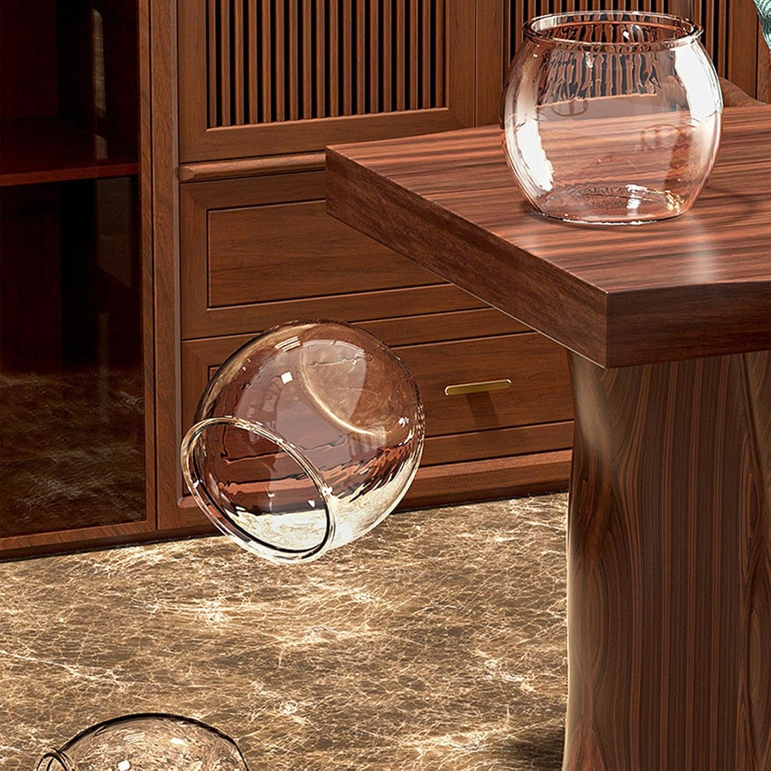 Glass vase on a wooden surface with a wooden cabinet in the background at Pet Servo