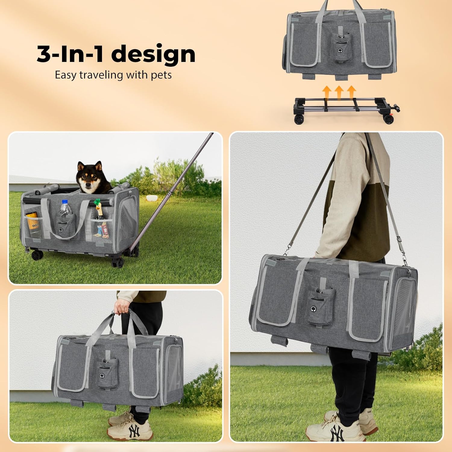 A gray pet travel bag shown in multiple views, including a dog sitting inside, a person carrying it, and the bag folded on a stand. The collage includes text reading '3-In-1 design' and 'Easy traveling with pets at Pet Servo