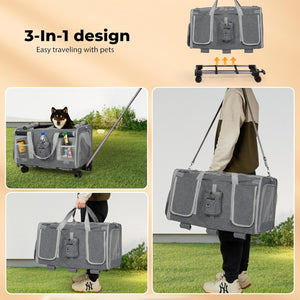 A gray pet travel bag shown in multiple views, including a dog sitting inside, a person carrying it, and the bag folded on a stand. The collage includes text reading '3-In-1 design' and 'Easy traveling with pets at Pet Servo