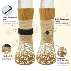 Brown socks with paw pattern on a beige background, featuring text on sock design elements at Pet Servo