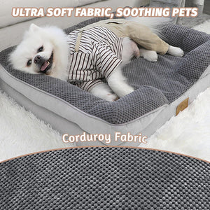 Dog lying on a soft gray pet bed with text highlighting ultra-soft fabric at Pet Servo