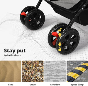 Black stroller wheels with red lockable brake pads and yellow arrow graphics showing how to lock the wheel. Text reads 'Stay put Lockable wheels' with four example surfaces below: sand, gravel, pavement, and a speed bump at Pet Servo