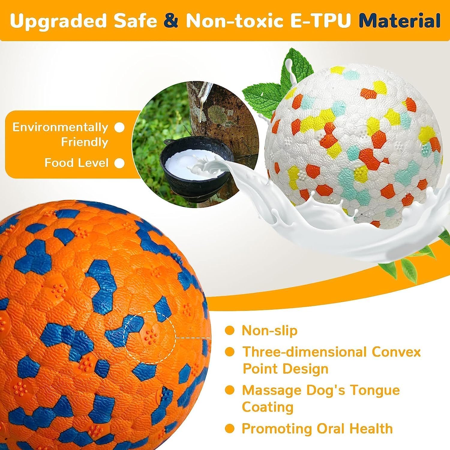 Two dog toys, one orange and blue, the other multicolored, with text about material and benefits at Pet Servo