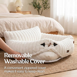 White pet bed with a zipped cover in a bedroom setting, emphasizing its washable feature at Pet Servo