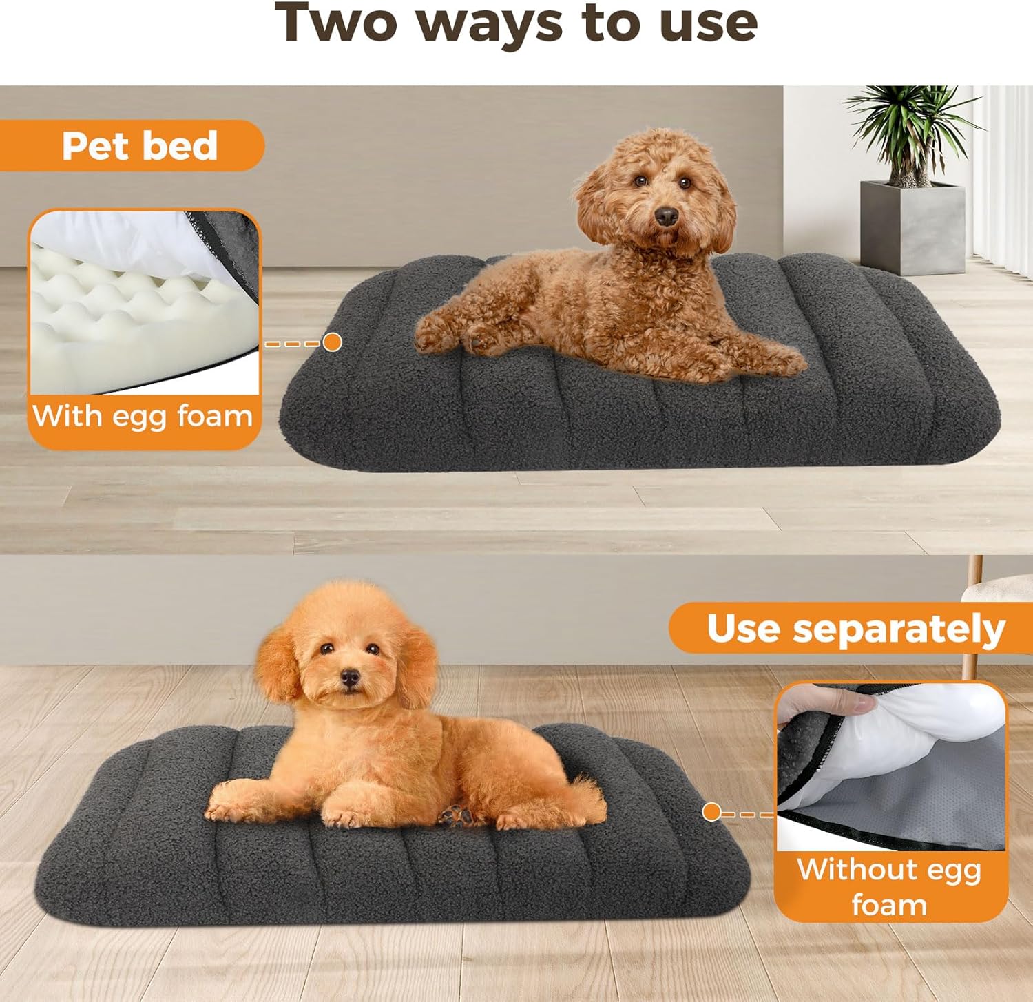 Dog lying on a gray pet bed with text indicating two usage methods at Pet Servo