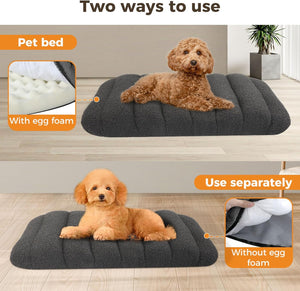 Dog lying on a gray pet bed with text indicating two usage methods at Pet Servo