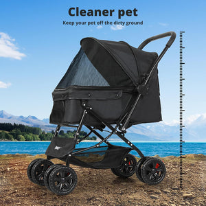 A black pet stroller with a mesh canopy and four wheels, shown outdoors on a rocky shore with a lake and mountains in the background. Text at the top reads 'Cleaner pet off the dirty ground' and a height measurement scale runs along the right side at Pet Servo