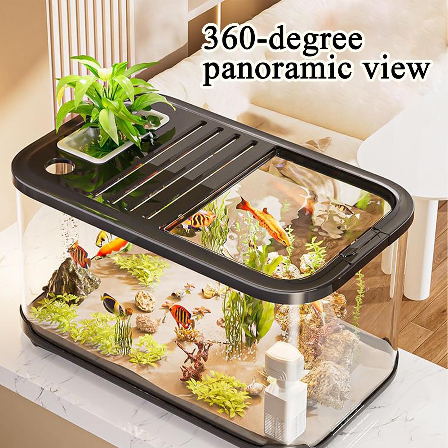 Compact aquarium with fish and plants on a table, labeled '360-degree panoramic view' at Pet Servo